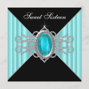 Invitation Diamants Turquoise Bleu Noir Sweet 16 Anniversaire