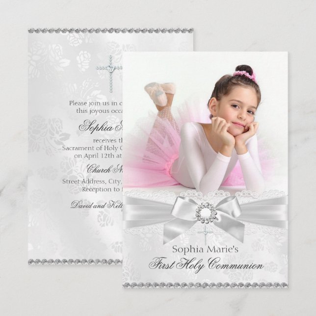 Invitation Diamond Bow & Cross Photo First Holy Communion (Devant / Derrière)