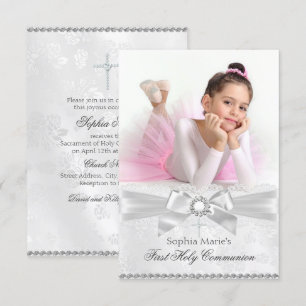 Invitation Diamond Bow & Cross Photo First Holy Communion