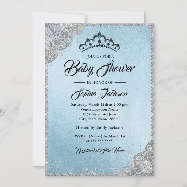 Invitation Diamond Dentelle Étincelle Bleu Baby shower en arg (Devant)