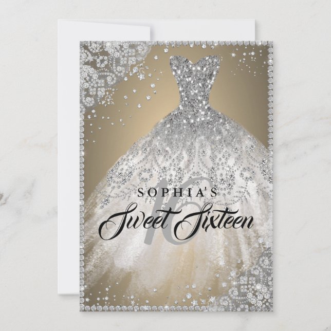 Invitation Diamond Dentelle Étincelle Gown Or Silver Sweet 16 (Devant)