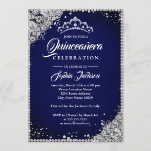 Invitation Diamond Dentelle Étincelle Marine Argent Quinceane