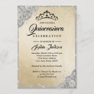 Invitation Diamond Dentelle Étincelle Or Argent Quinceanera