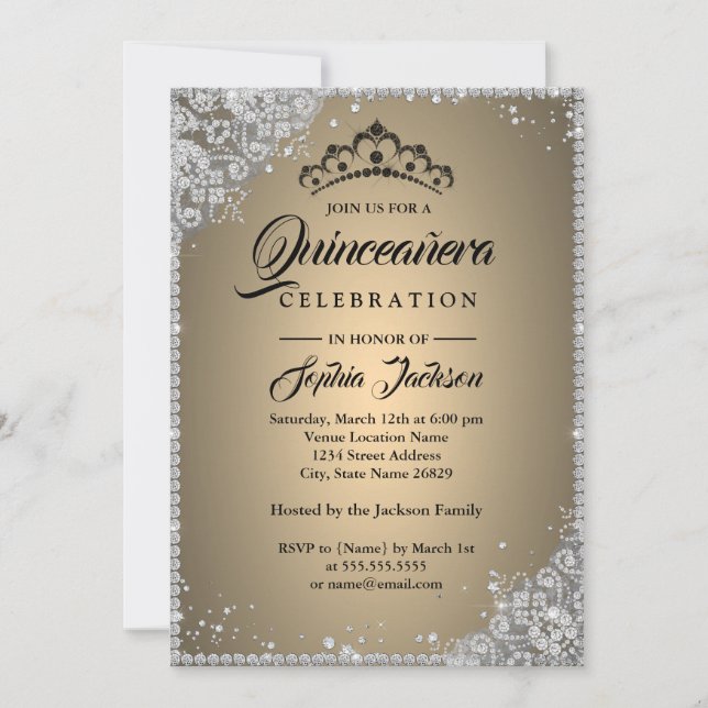 Invitation Diamond Dentelle Étincelle Or Argent Quinceanera (Devant)