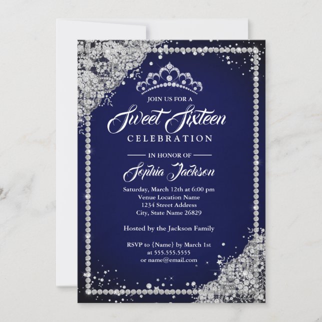 Invitation Diamond Dentelle Étincelle Tiara Marine Sweet sixt (Devant)