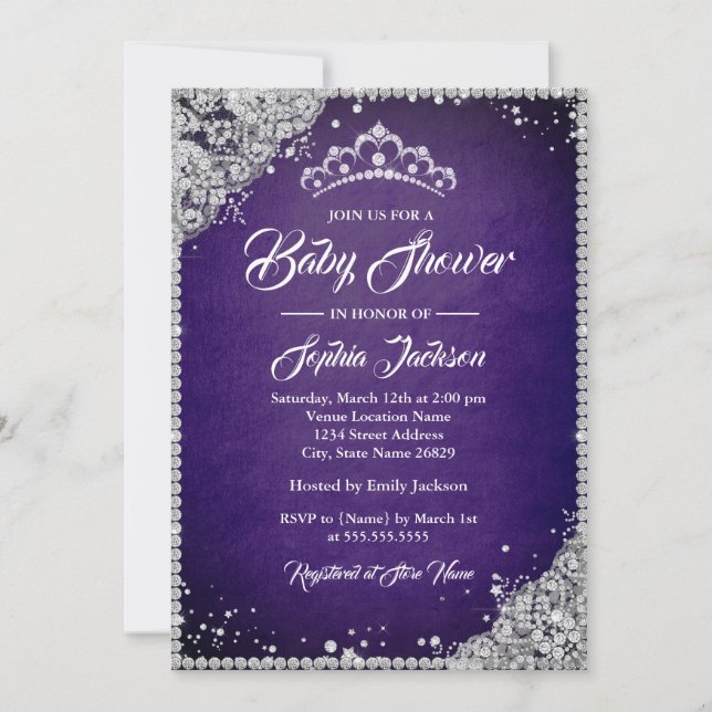 Invitation Diamond dentelle violet argent Baby shower fille (Devant)