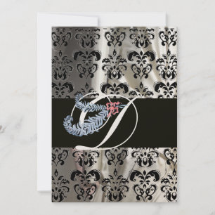 INVITATION DIAMOND FEATHER OR NOIR SILK DAMASK MONOGRAM
