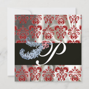 INVITATION DIAMOND FEATHERS ROUGE SOIE BLANCHE DAMASK MONOGRA