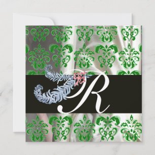INVITATION DIAMOND FEATHERS VERT SILK BLANC DOMMASK MONOGRAM