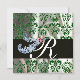 INVITATION DIAMOND FEATHERS VERT SILK BLANC DOMMASK MONOGRAM