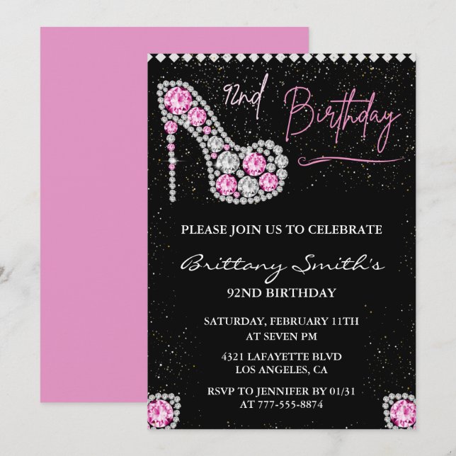 Invitation Diamond Glam Black Rose Parties scintillant Chauss (Devant / Derrière)
