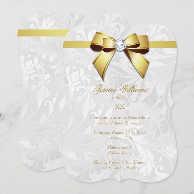 Invitation Diamond Gold Bow, Ruban & Damask Anniversaire Part (Devant / Derrière)