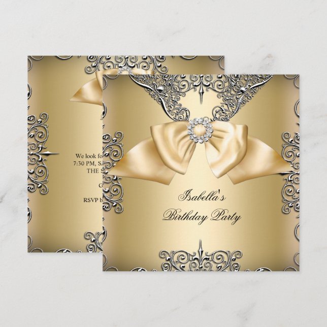 Invitation Diamond Gold Crème Bow Argent élégant Anniversaire (Devant / Derrière)