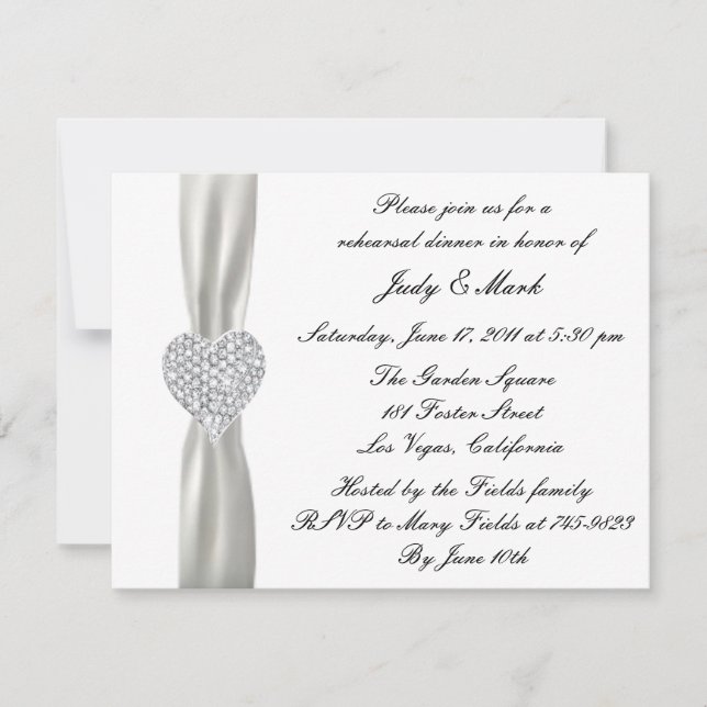 Invitation Diamond Heart White Mariage Rehearsdîner Invit (Devant)