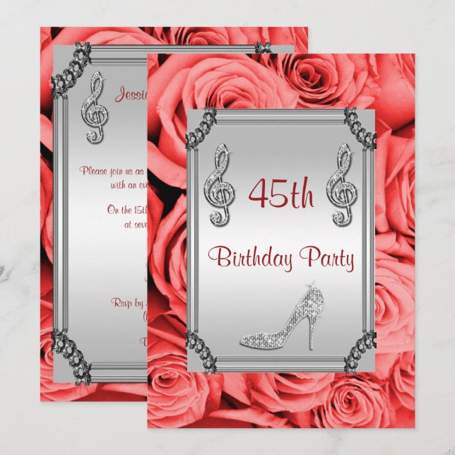 Invitation Diamond Music Note, Stiletto & Red Roses 45e (Devant / Derrière)