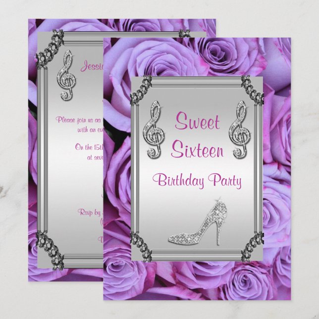 Invitation Diamond Music Note, Stiletto & Rose Sweet 16 (Devant / Derrière)