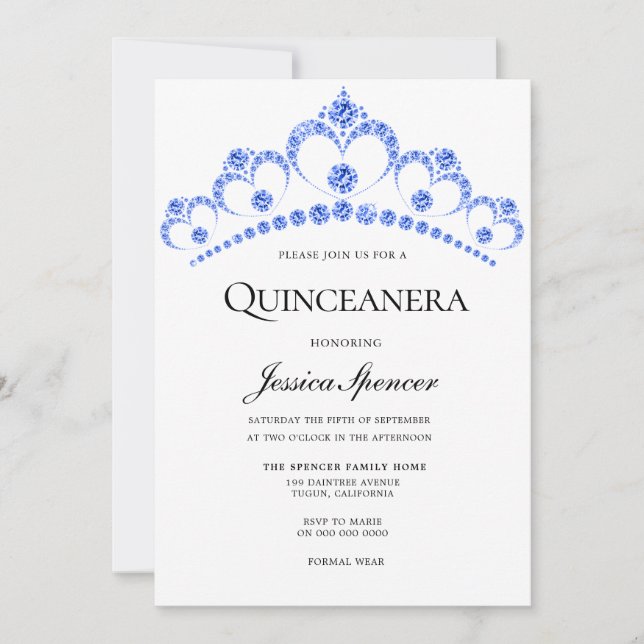 Invitation Diamond Parties scintillant bleue Tiara Quinceaner (Devant)