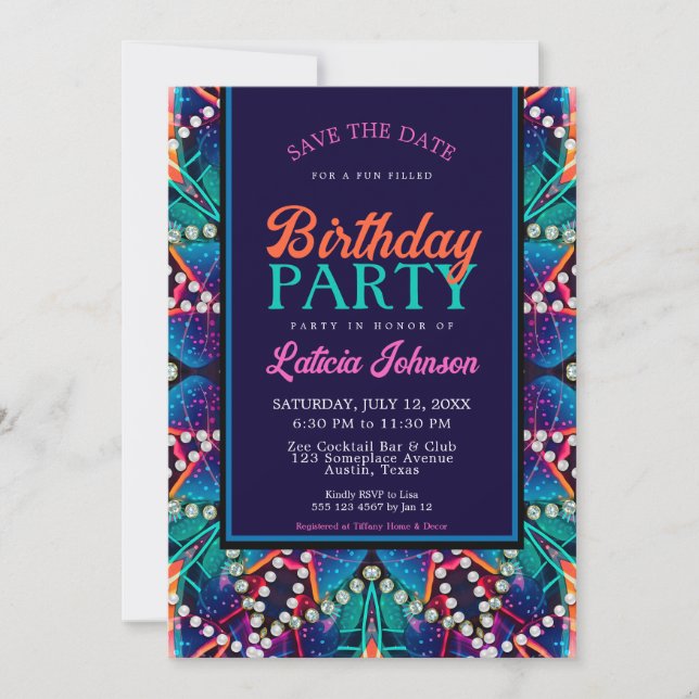 Invitation Diamond Pearls Aqua Blue Boho Vibe fête d'annivers (Devant)