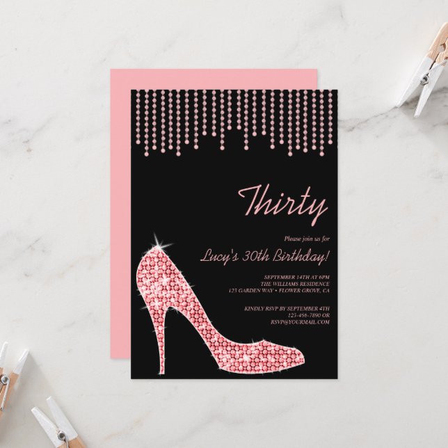 Invitation Diamond Pink Stiletto & Beads 30e anniversaire (Devant/Arrière en situation)