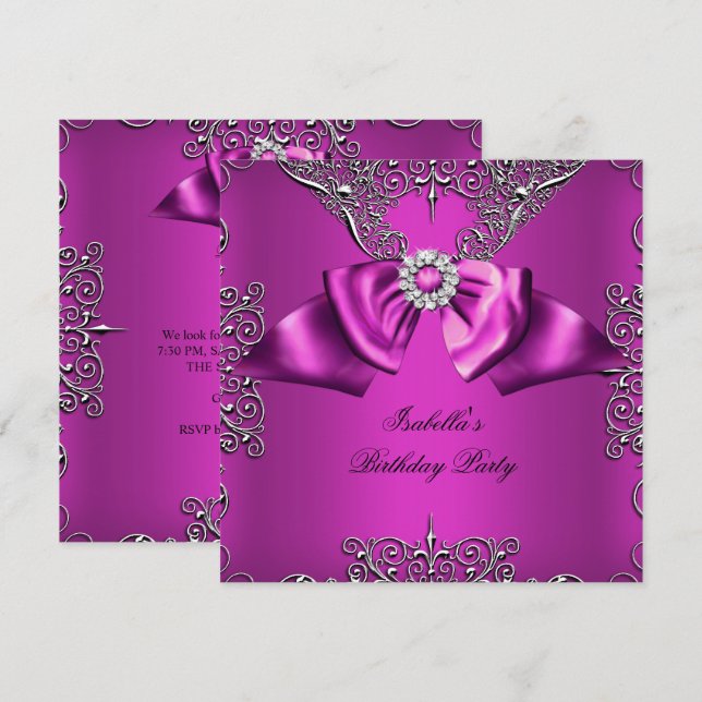 Invitation Diamond Plum rose Bow Argent élégant Anniversaire (Devant / Derrière)