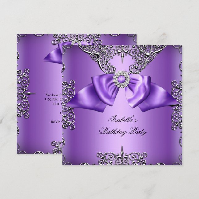Invitation Diamond Purple Bow Argent Elégante fête d'annivers (Devant / Derrière)