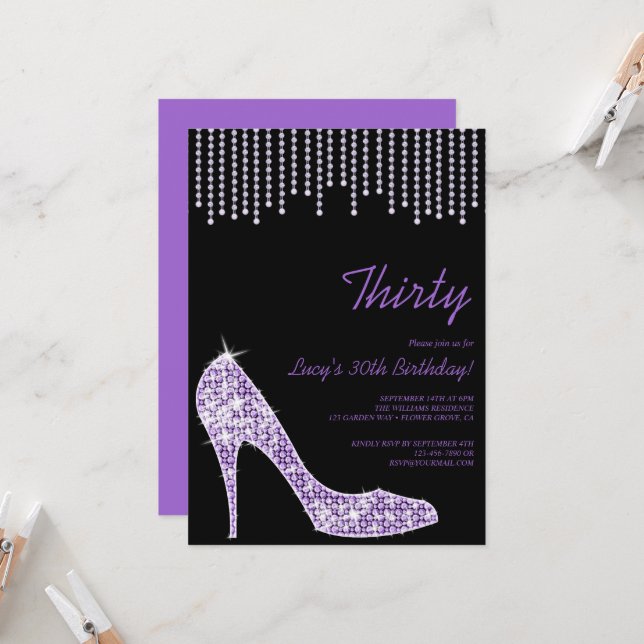 Invitation Diamond Purple Stiletto & Beads 30e anniversaire (Devant/Arrière en situation)