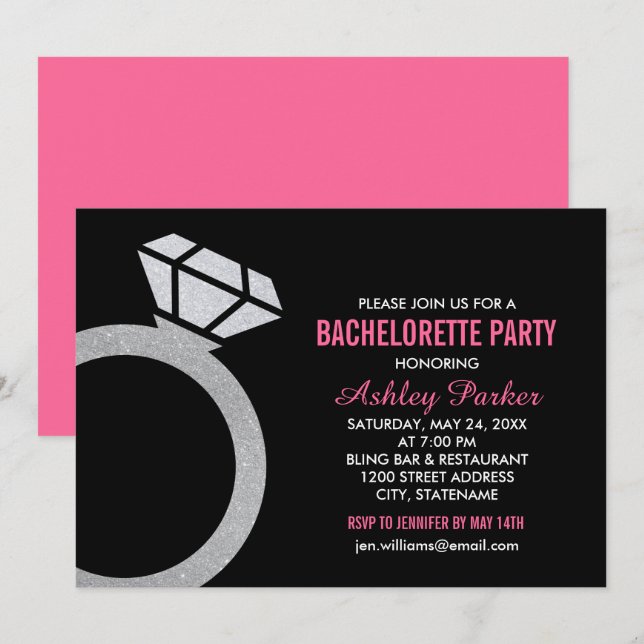 Invitation Diamond Ring Hot rose Mariage Bachelorette Party (Devant / Derrière)