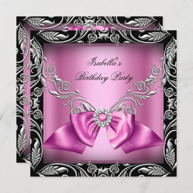 Invitation Diamond Rose Bow Silver Black Anniversaire (Devant / Derrière)