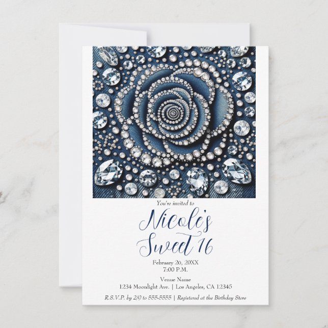 Invitation Diamond Rose & Denim Glam Sweet 16 Anniversaire (Devant)