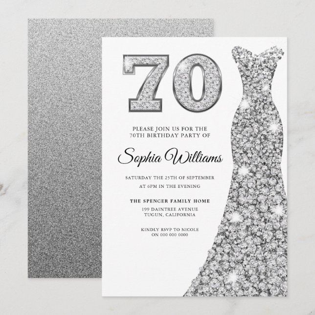 Invitation Diamond Silver Dress Womans 70e fête d'anniversair (Devant / Derrière)