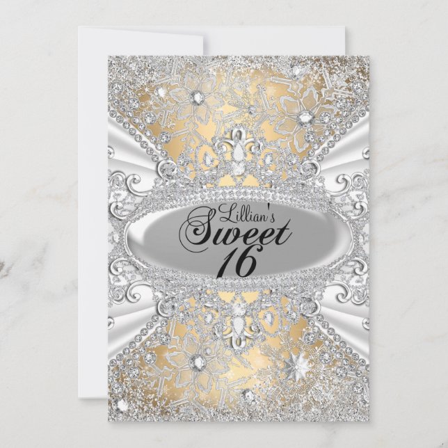 Invitation Diamond Snowflake Gold Winter Wonderland Sweet 16 (Devant)