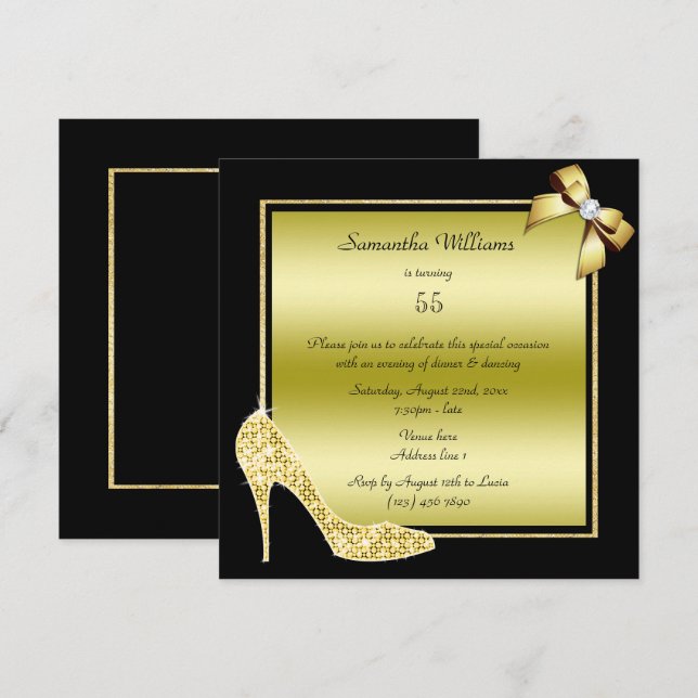 Invitation Diamond Stiletto et Romantic Gold Bow Anniversaire (Devant / Derrière)