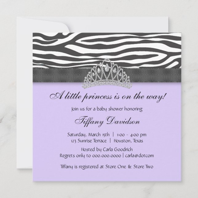 Invitation Diamond Tiara Purple Zebra Princesse Baby shower (Devant)