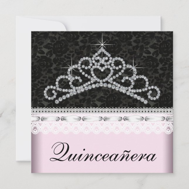 Invitation Diamond Tiara Rose Black Sweet 15 Quinceanera (Devant)