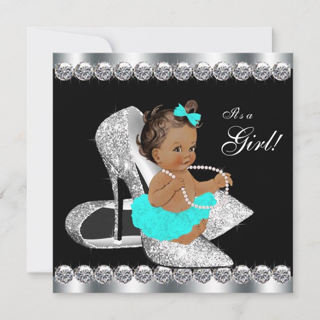 Invitation Diamond Turquoise Blue Black Baby shower petit déj (Devant)