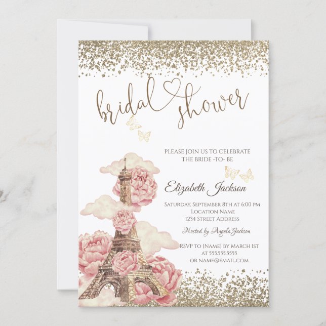 Invitation  Diamonds Eiffel Tower Peonies Butterfly  (Devant)