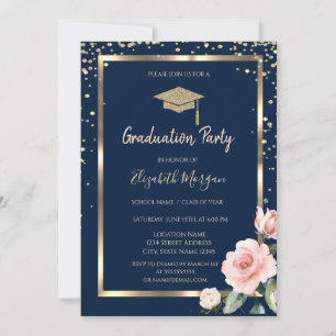 Invitation Diamonds Gold Casquette Rose Marine Bleu Graduatio