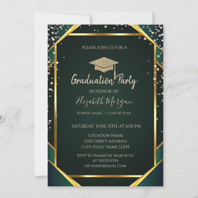 Invitation Diamonds Gold Grad Cap Striped Green Graduation (Devant)