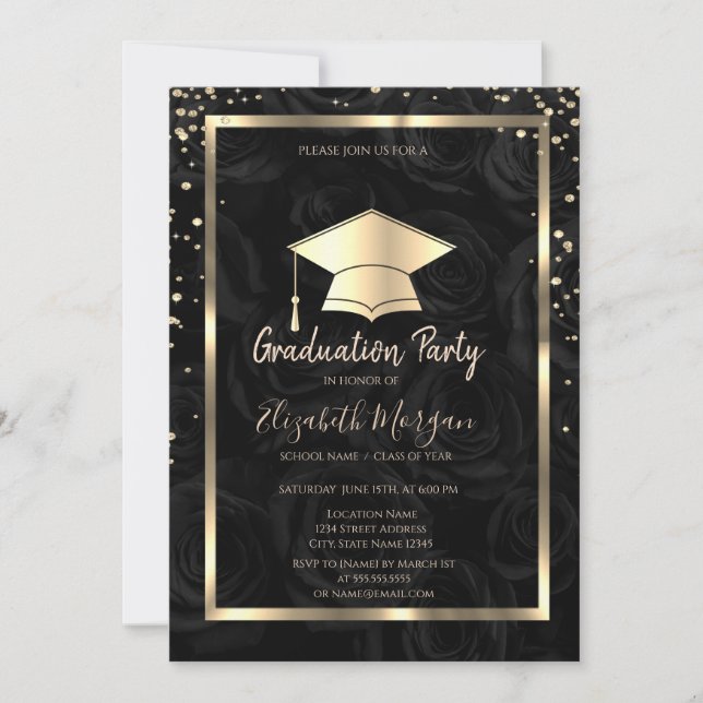 Invitation Diamonds Gold Grad Casquette Black Roses Graduatio (Devant)