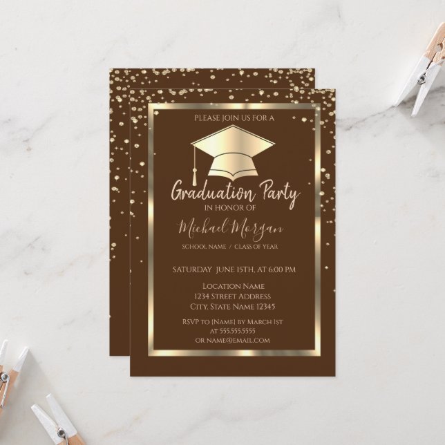 Invitation Diamonds Gold Grad Casquette Brown Graduation (Devant/Arrière en situation)