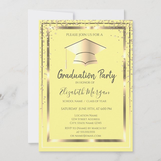 Invitation Diamonds Gold Grad Casquette Jaune Graduation (Devant)