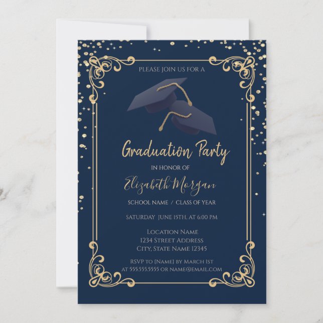 Invitation Diamonds Grad Cap Frame Navy Blue Graduation (Devant)