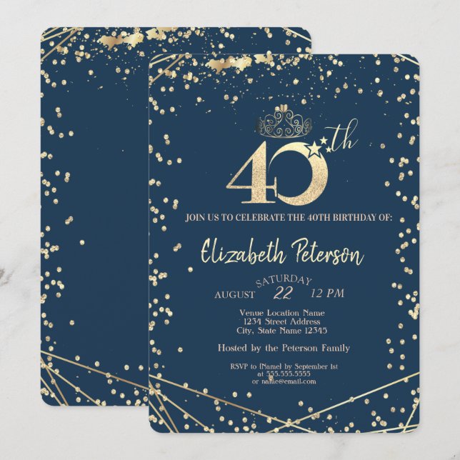 Invitation Diamonds Marine Blue Gold 40e fête d'anniversaire (Devant / Derrière)