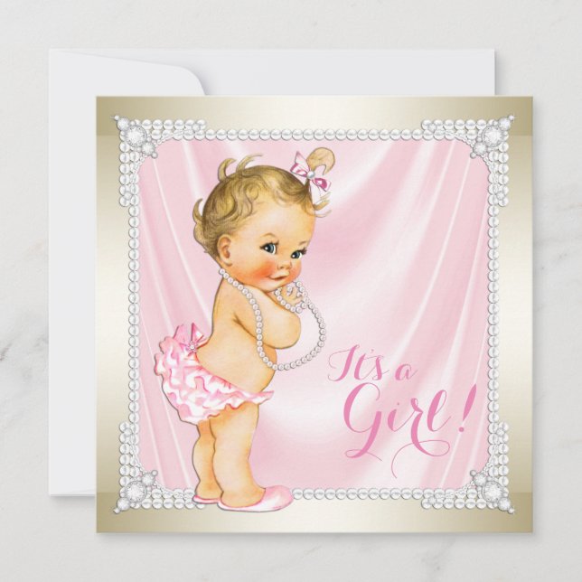 Invitation Diamonds Pearls Baby shower de fille en or rose (Devant)