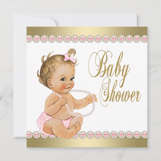 Invitation Diamonds Pearls Baby shower d'or rose (Devant)