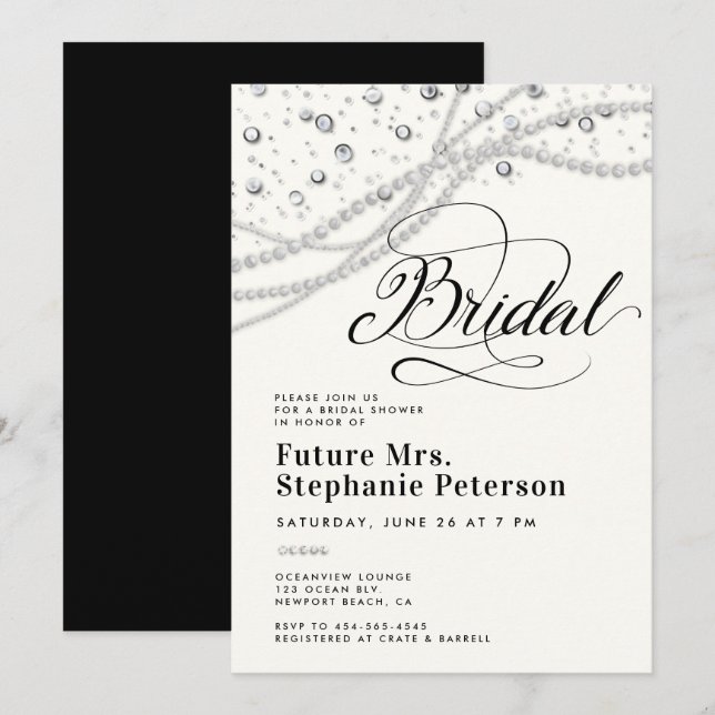 Invitation Diamonds Pearls Black White Chic Mme Fête des mari (Devant / Derrière)