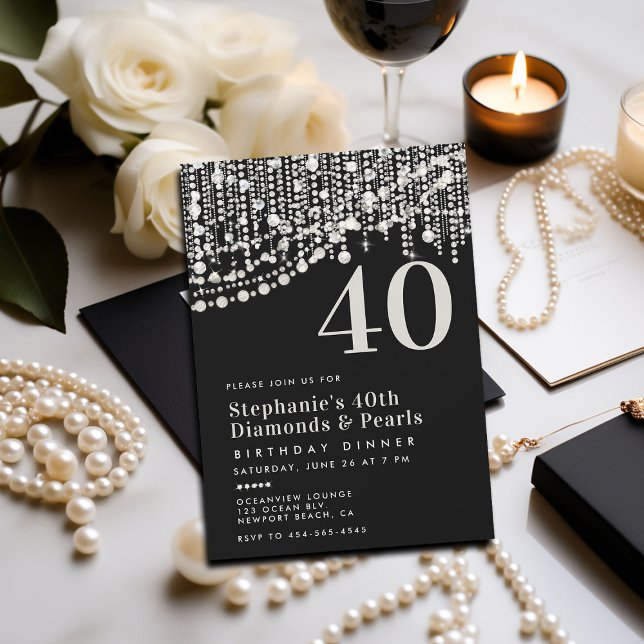 Invitation Diamonds Pearls Black White Dîner de 40e anniversa (birthday dinner party invitation 40th for women black white formal elegant diamonds pearls chic lady)