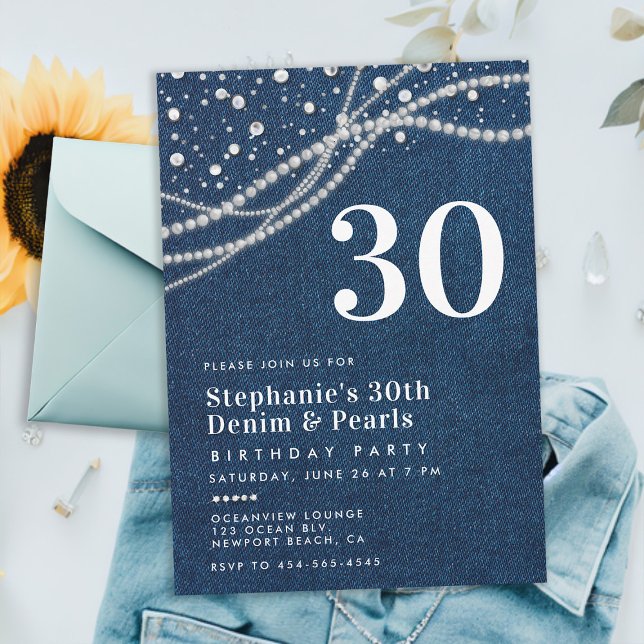 Invitation Diamonds Pearls Denim classe élégante 30e annivers (denim pearls 30th birthday party invitation template for women elegant classy rustic chic feminine)