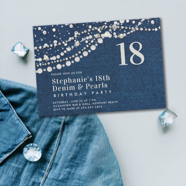 Invitation Diamonds Pearls Denim Elegant Classy 18e anniversa (denim diamonds pearls 18 eighteenth birthday party invitation modern contemporary classy elegant )