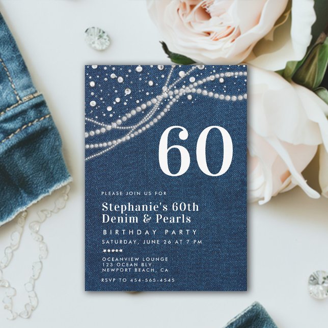 Invitation Diamonds Pearls Denim élégant Classy 60e anniversa (denim and diamonds pearls 60th birthday invitation women elegant classy modern chic)